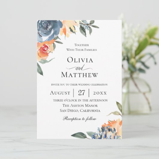 Slate Blue Botanische bruiloft Kaart (Staand voorkant)