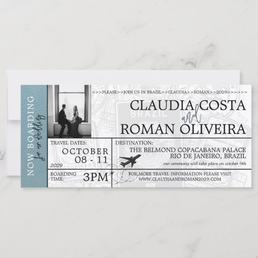 Slate Blue Brazilië Bruiloft Boarding Pass uitnodi (Voorkant)