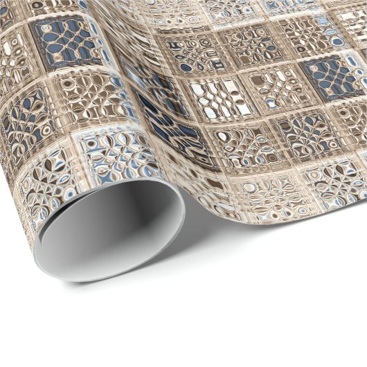 Slate Blue Brown Sari Mosaic Pattern Art Cadeaupapier (Rol Hoek)