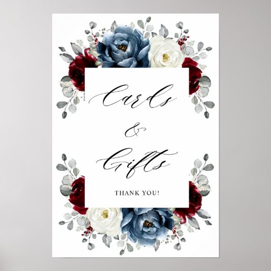 Slate Blue Burgundy White Ivory Boho Kaarten & Gif Poster (Voorkant)