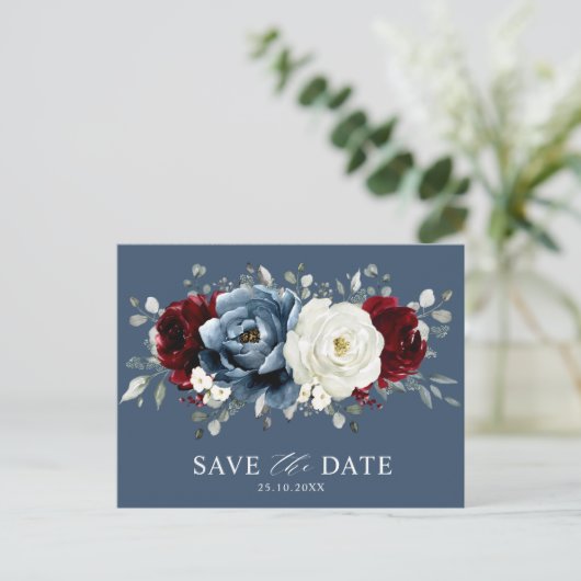 Slate Blue Burgundy White Ivory Boho Save the Date Briefkaart (Staand voorkant)