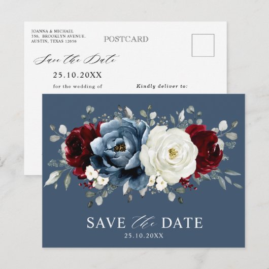Slate Blue Burgundy White Ivory Boho Save the Date Briefkaart (Voorkant / Achterkant)