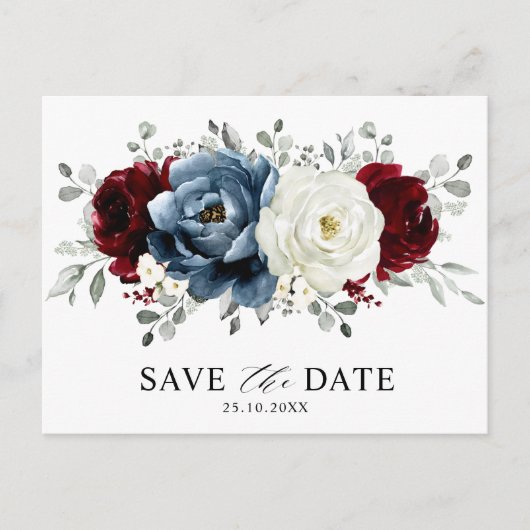 Slate Blue Burgundy White Ivory Boho Save the Date Briefkaart (Voorkant)