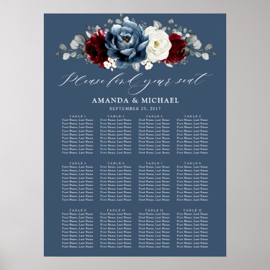 Slate Blue Burgundy White Ivory Boho Seating Chart Poster (Voorkant)