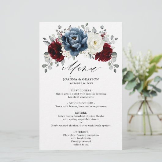 Slate Blue Burgundy White Ivory Boho Wedding Menu (Staand voorkant)