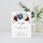 Slate Blue Burgundy White Ivory Boho Wedding RSVP Briefkaart (Staand voorkant)