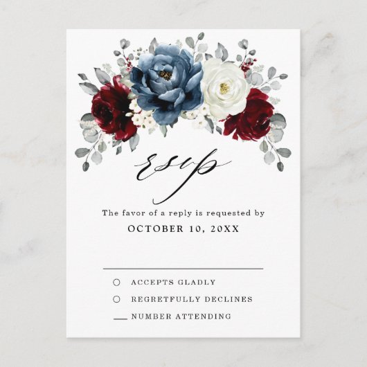 Slate Blue Burgundy White Ivory Boho Wedding RSVP Briefkaart (Voorkant)