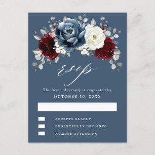 Slate Blue Burgundy White Ivory Boho Wedding RSVP Briefkaart