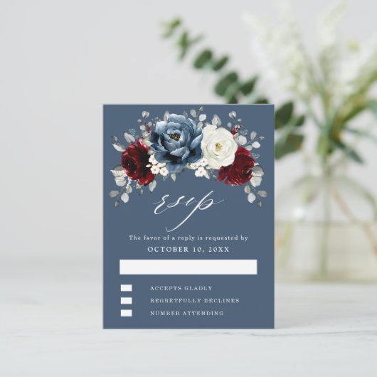 Slate Blue Burgundy White Ivory Boho Wedding RSVP Briefkaart (Staand voorkant)
