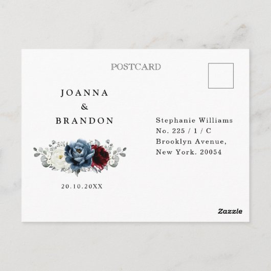 Slate Blue Burgundy White Ivory Boho Wedding RSVP Briefkaart (Achterkant)