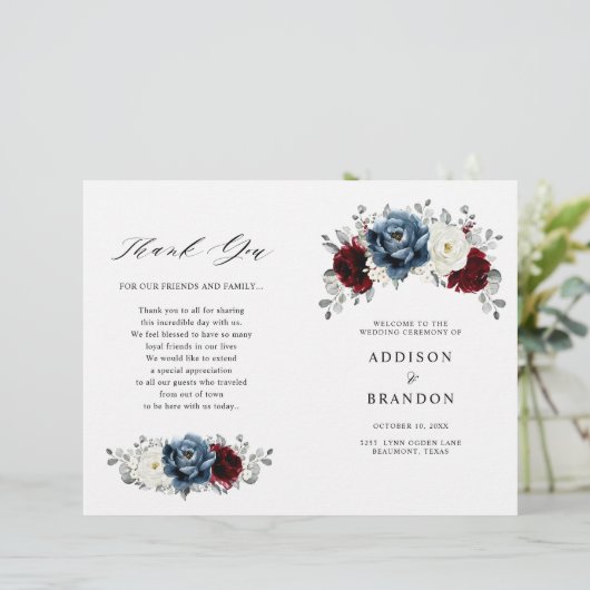 Slate Blue Burgundy White Ivory Floral Programme (Staand voorkant)