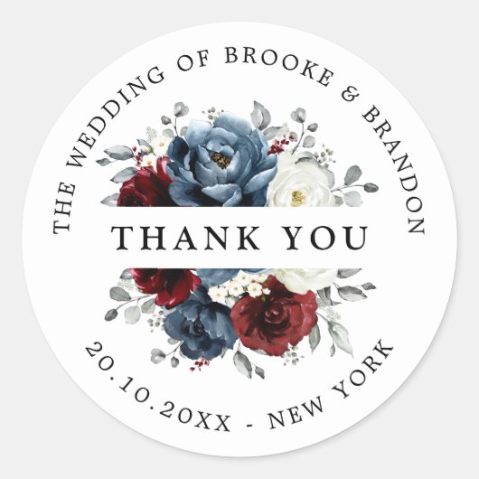 Slate Blue Burgundy White Ivory Floral Ronde Sticker (Voorkant)