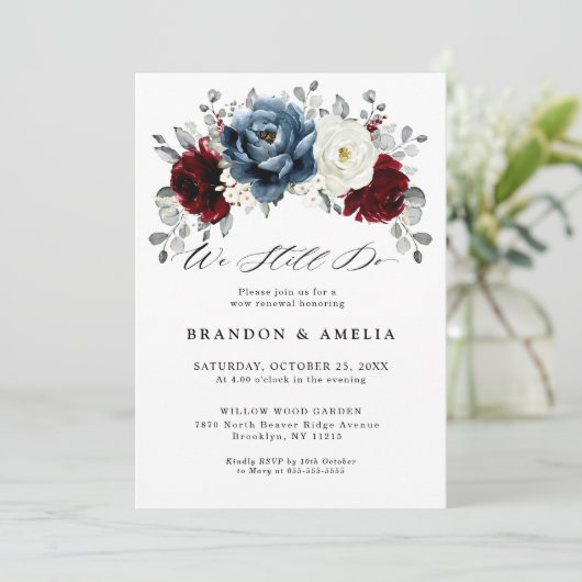 Slate Blue Burgundy White Ivory Floral We doen het Kaart (Staand voorkant)