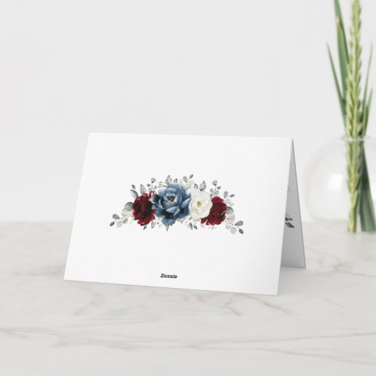 Slate Blue Burgundy White Ivory Floral Weddenschap Bedankkaart (Achterkant)