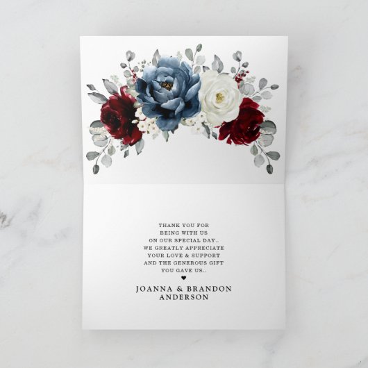 Slate Blue Burgundy White Ivory Floral Weddenschap Bedankkaart (Binnen)