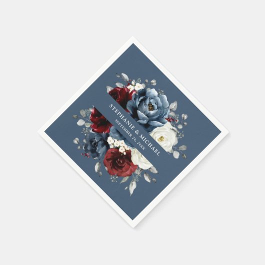 Slate Blue Burgundy White Ivory Floral Weddenschap Servet (Hoek)