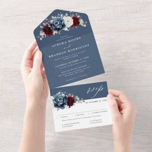 Slate Blue Burgundy White Ivory Floral Wedding Al All In One Uitnodiging (Afscheurbaar)