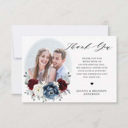 Slate Blue Burgundy White Ivory Floral Wedding Bedankkaart (Voorkant)