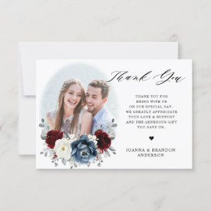 Slate Blue Burgundy White Ivory Floral Wedding Bedankkaart