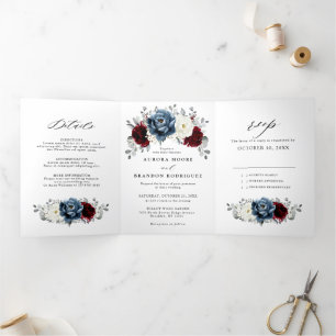 Slate Blue Burgundy White Ivory Floral Wedding Drieluik Aankondiging