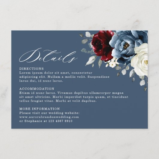 Slate Blue Burgundy White Ivory Floral Wedding En Informatiekaartje (Voorkant)