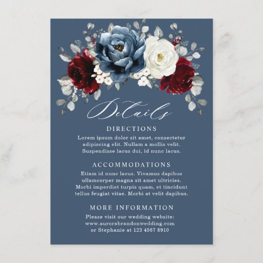 Slate Blue Burgundy White Ivory Floral Wedding En Informatiekaartje (Voorkant)