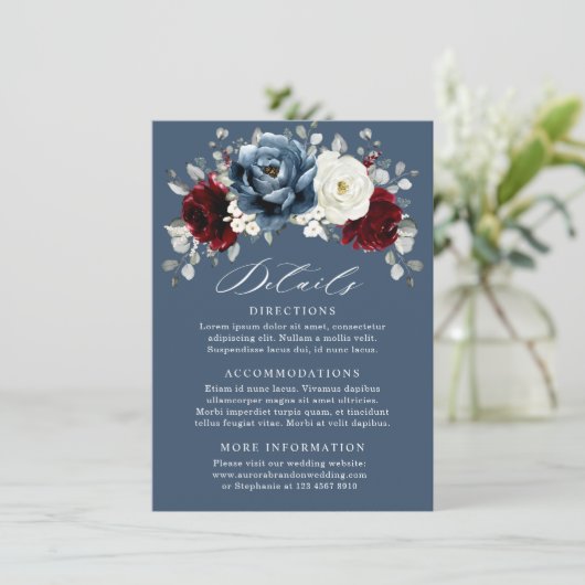 Slate Blue Burgundy White Ivory Floral Wedding En Informatiekaartje (Staand voorkant)