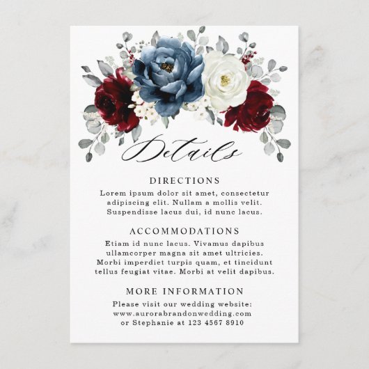 Slate Blue Burgundy White Ivory Floral Wedding Informatiekaartje (Voorkant)