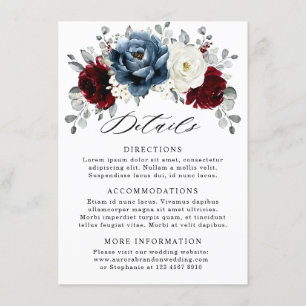 Slate Blue Burgundy White Ivory Floral Wedding Informatiekaartje