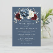Slate Blue Burgundy White Ivory Floral Wedding IV Kaart (Staand voorkant)