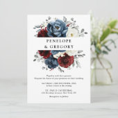 Slate Blue Burgundy White Ivory Floral Wedding Kaart (Staand voorkant)