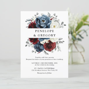 Slate Blue Burgundy White Ivory Floral Wedding Kaart
