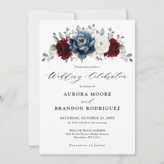 Slate Blue Burgundy White Ivory Floral Wedding Kaart (Voorkant)