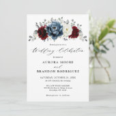 Slate Blue Burgundy White Ivory Floral Wedding Kaart (Staand voorkant)