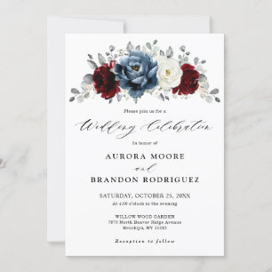 Slate Blue Burgundy White Ivory Floral Wedding Kaart