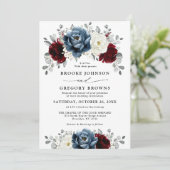 Slate Blue Burgundy White Ivory Floral Wedding Kaart (Staand voorkant)
