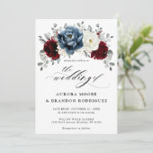 Slate Blue Burgundy White Ivory Floral Wedding Kaart (Staand voorkant)
