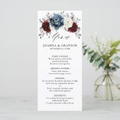 Slate Blue Burgundy White Ivory Floral Wedding me Menu (Staand voorkant)