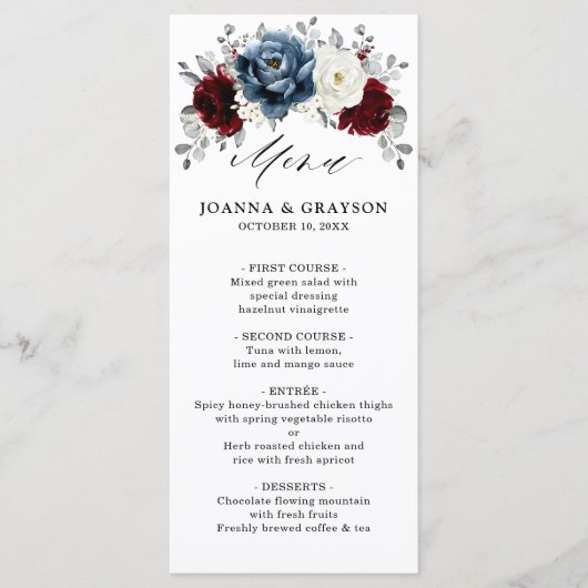 Slate Blue Burgundy White Ivory Floral Wedding me Menu (Voorkant)