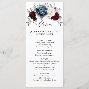 Slate Blue Burgundy White Ivory Floral Wedding me Menu