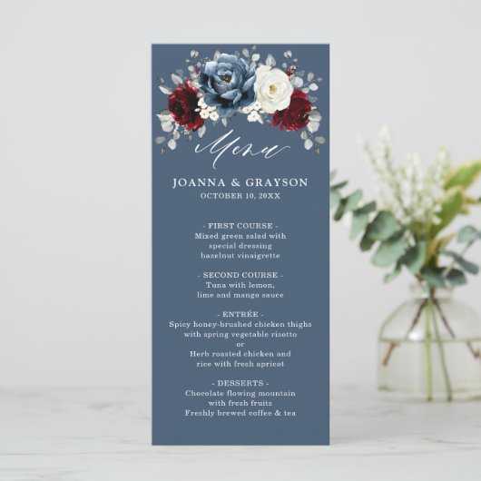 Slate Blue Burgundy White Ivory Floral Wedding me Menu (Staand voorkant)