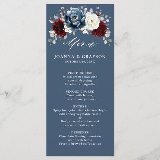 Slate Blue Burgundy White Ivory Floral Wedding me Menu (Voorkant)