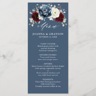 Slate Blue Burgundy White Ivory Floral Wedding me Menu