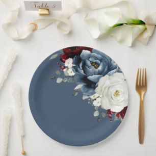 Slate Blue Burgundy White Ivory Floral Wedding Pa Papieren Bordje