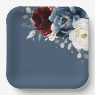 Slate Blue Burgundy White Ivory Floral Wedding Pa Papieren Bordje