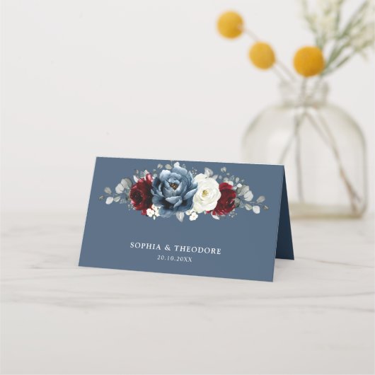 Slate Blue Burgundy White Ivory Floral Wedding Pl Plaatskaartje (Achterkant)