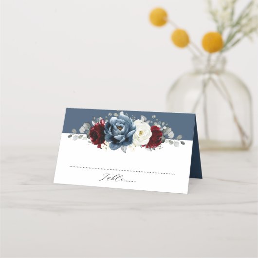 Slate Blue Burgundy White Ivory Floral Wedding Pl Plaatskaartje (Voorkant)