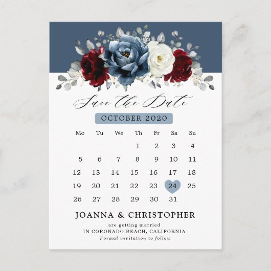 Slate Blue Burgundy White Ivory Floral Wedding Po Briefkaart (Voorkant)