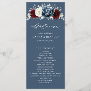 Slate Blue Burgundy White Ivory Floral Wedding Pr Programmakaart