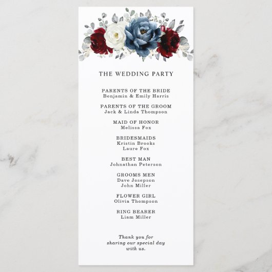 Slate Blue Burgundy White Ivory Floral Wedding Programmakaart (Achterkant)